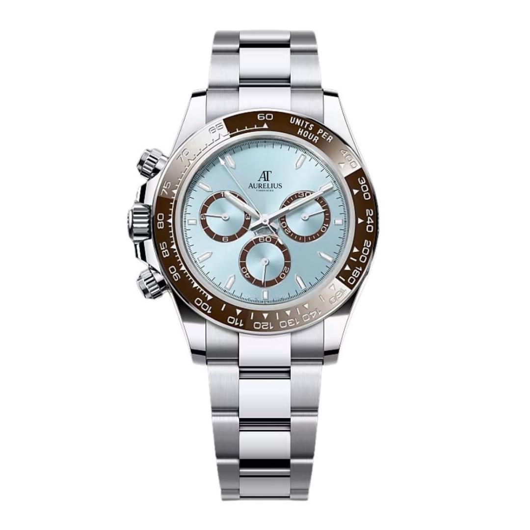 Racing-Chronograph 40 – Eisblaues Zifferblatt | Silberfarbenes Gehäuse & Braune Tachymeterlünette