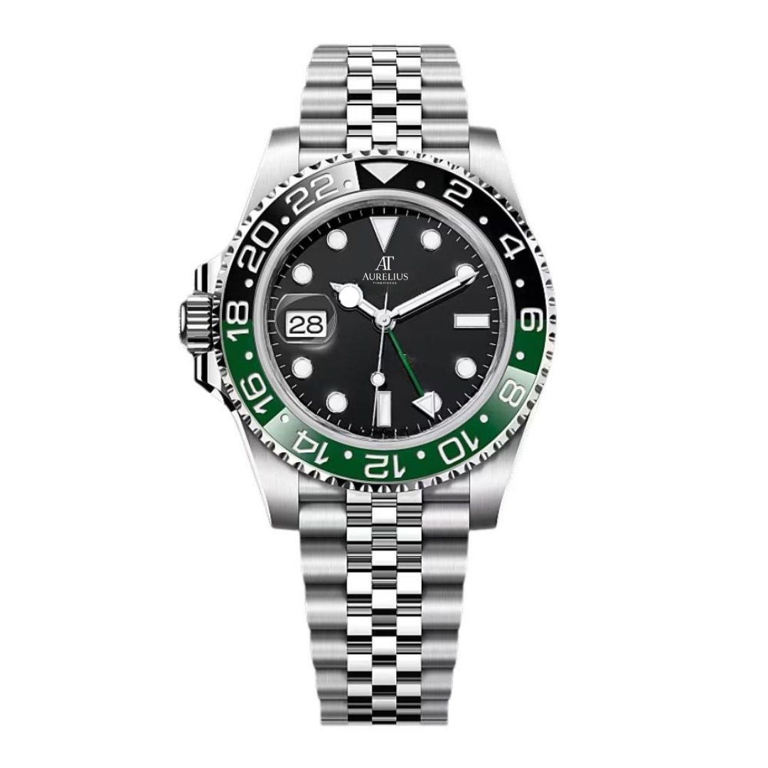 GMT-Reiseuhr 40 – Schwarzes Zifferblatt | Edelstahl-Jubilee-Armband & Schwarz-Grüne Keramiklünette