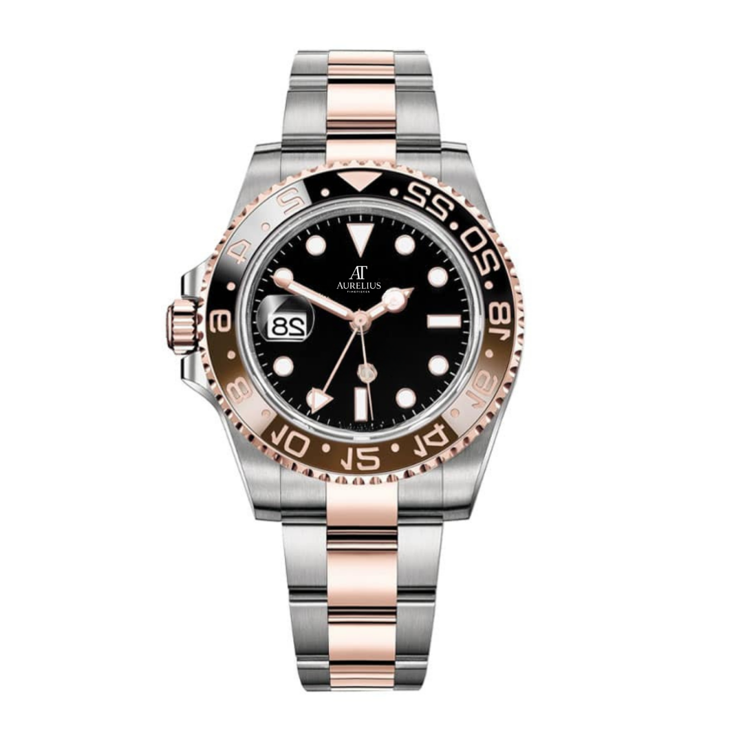 GMT-Reiseuhr 40 – Schwarzes Zifferblatt | Bicolor-Edelstahl- & Roségoldfarbenes Armband Mit Braun-Schwarzer Keramiklünette