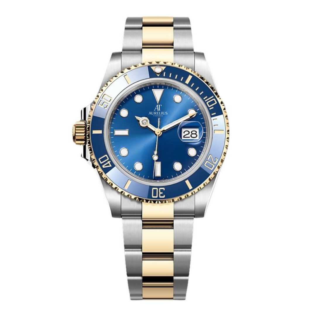 Ozean-Taucheruhr 40 – Blaues Sonnenschliff-Zifferblatt | Bicolor-Edelstahl- & Goldfarbenes Armband Mit Blauer Keramiklünette