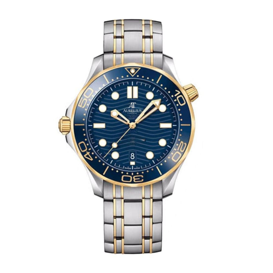 Master-Taucheruhr 42 – Blaues Zifferblatt | Edelstahl- & Goldfarbenes Armband & Blau-Goldene Taucherlünette