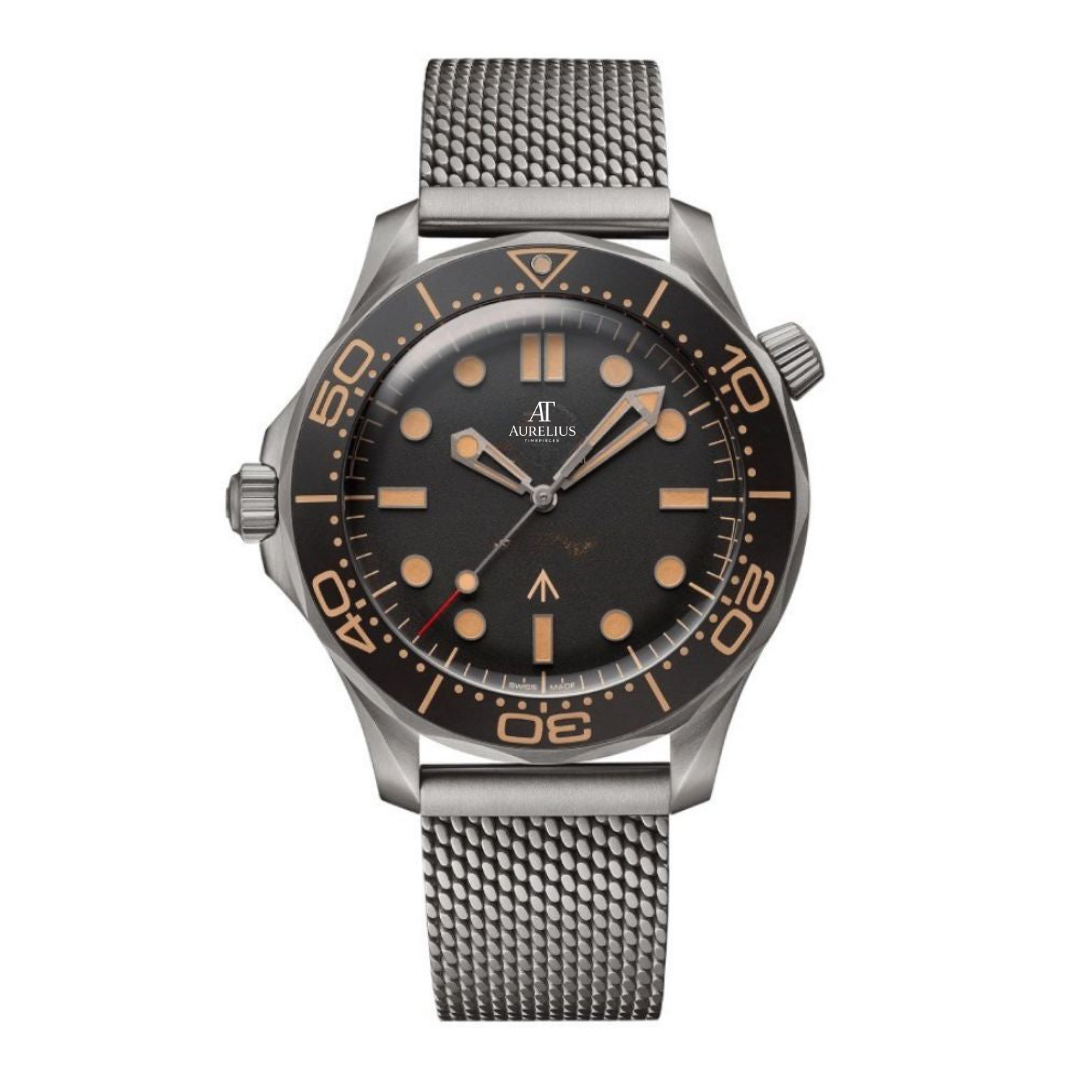 Taktische Taucheruhr 42 – Schwarzes Vintage-Zifferblatt | Titan-Mesh-Armband & Braune Aluminium-Taucherlünette