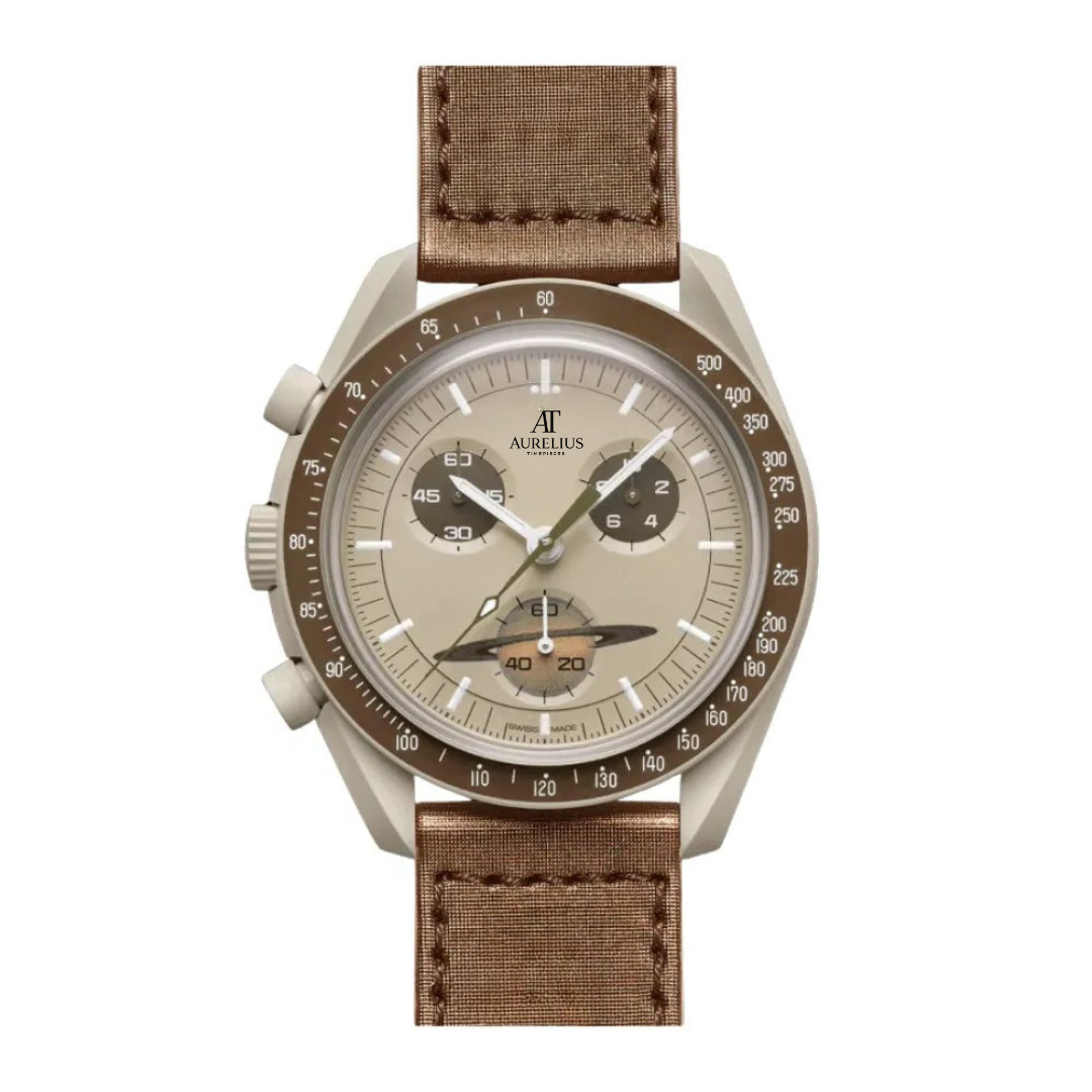 Chronograph 42 – Beigefarbenes Zifferblatt | Sandfarbenes Gehäuse & Braunes Armband & Tachymeterlünette