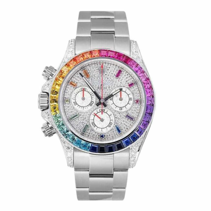 Chronograph 40 – Weißes Diamant-Zifferblatt | Silberfarbenes Armband & Regenbogen-Edelsteinlünette