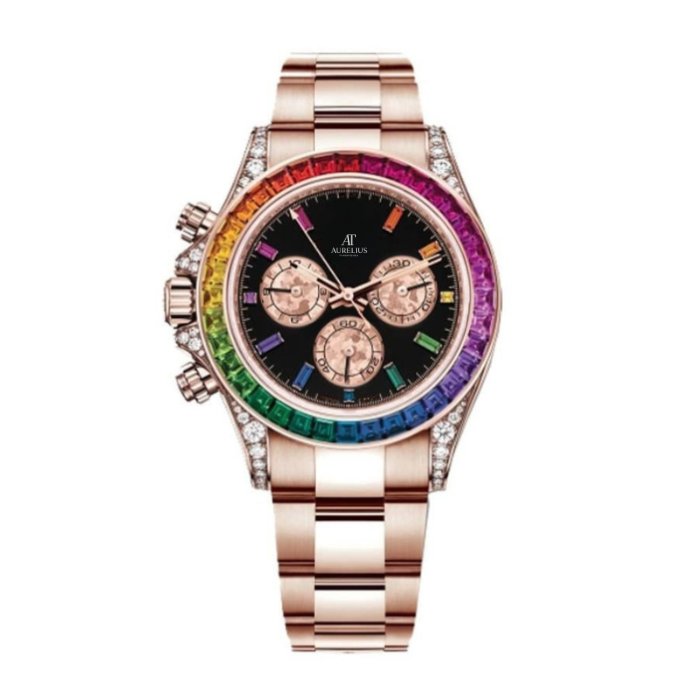 Chronograph 40 – Schwarzes Zifferblatt | Roségoldfarbenes Armband & Mehrfarbige Edelsteinlünette