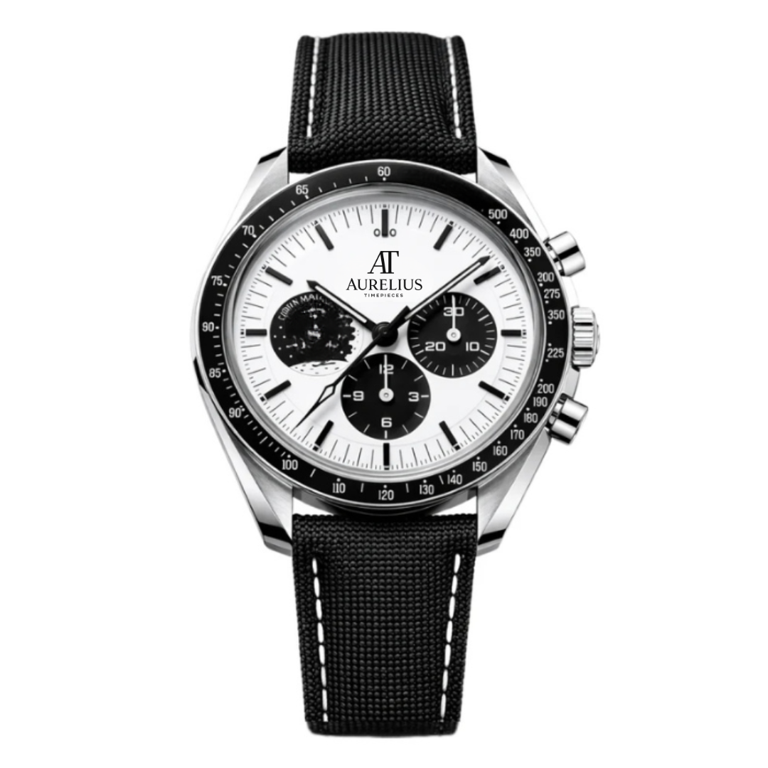 Chronograph 42 – Weißes Zifferblatt Mit Blauen Akzenten | Edelstahlgehäuse & Blaues Textilarmband & Tachymeterlünette