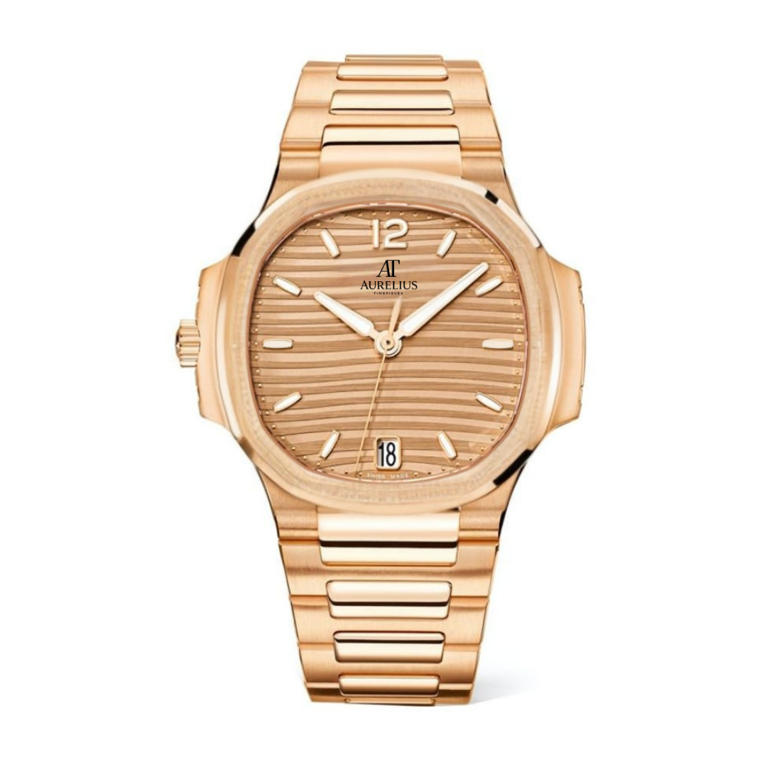 Integrierte Eleganz 35 – Rosafarbenes Zifferblatt | Roségoldfarbenes Armband & Horizontale Struktur