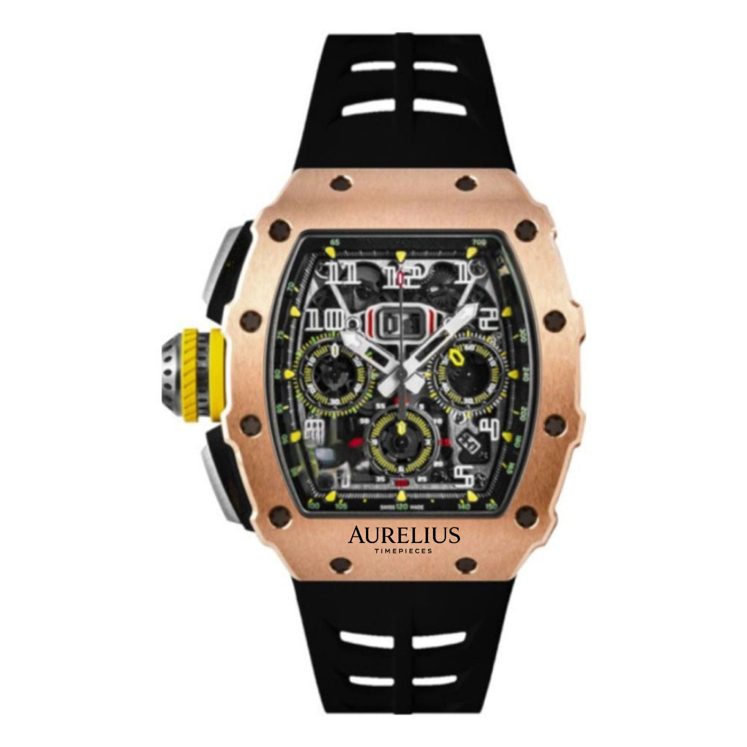 Skelett-Chronograph 44 – Durchbrochenes Zifferblatt | Roségoldfarbenes Gehäuse & Kautschukarmband
