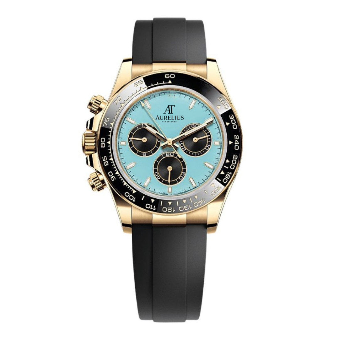 Ozean-Chronograph 40 – Türkisblaues Zifferblatt | Goldfarbenes Gehäuse & Schwarzes Kautschukarmband