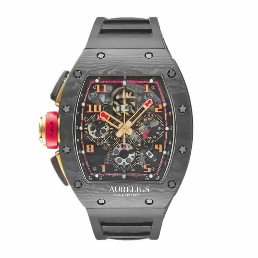Skelett-Chronograph 44 – Schwarzes Zifferblatt Mit Roten Akzenten | Carbongehäuse & Schwarzes Kautschukarmband