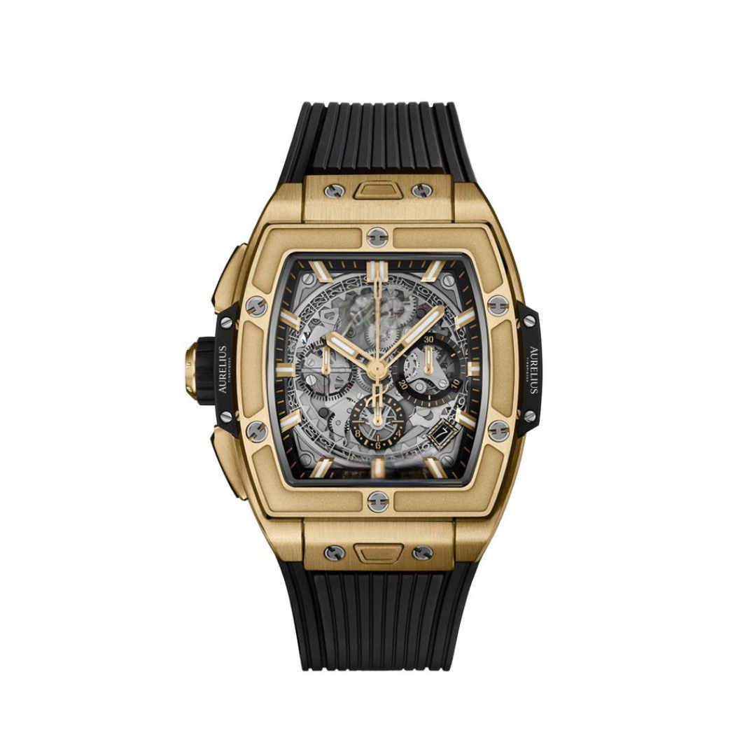 Fusion-Chronograph 42 – Schwarzes Zifferblatt | Gelbgoldfarbenes Gehäuse & Kautschukarmband