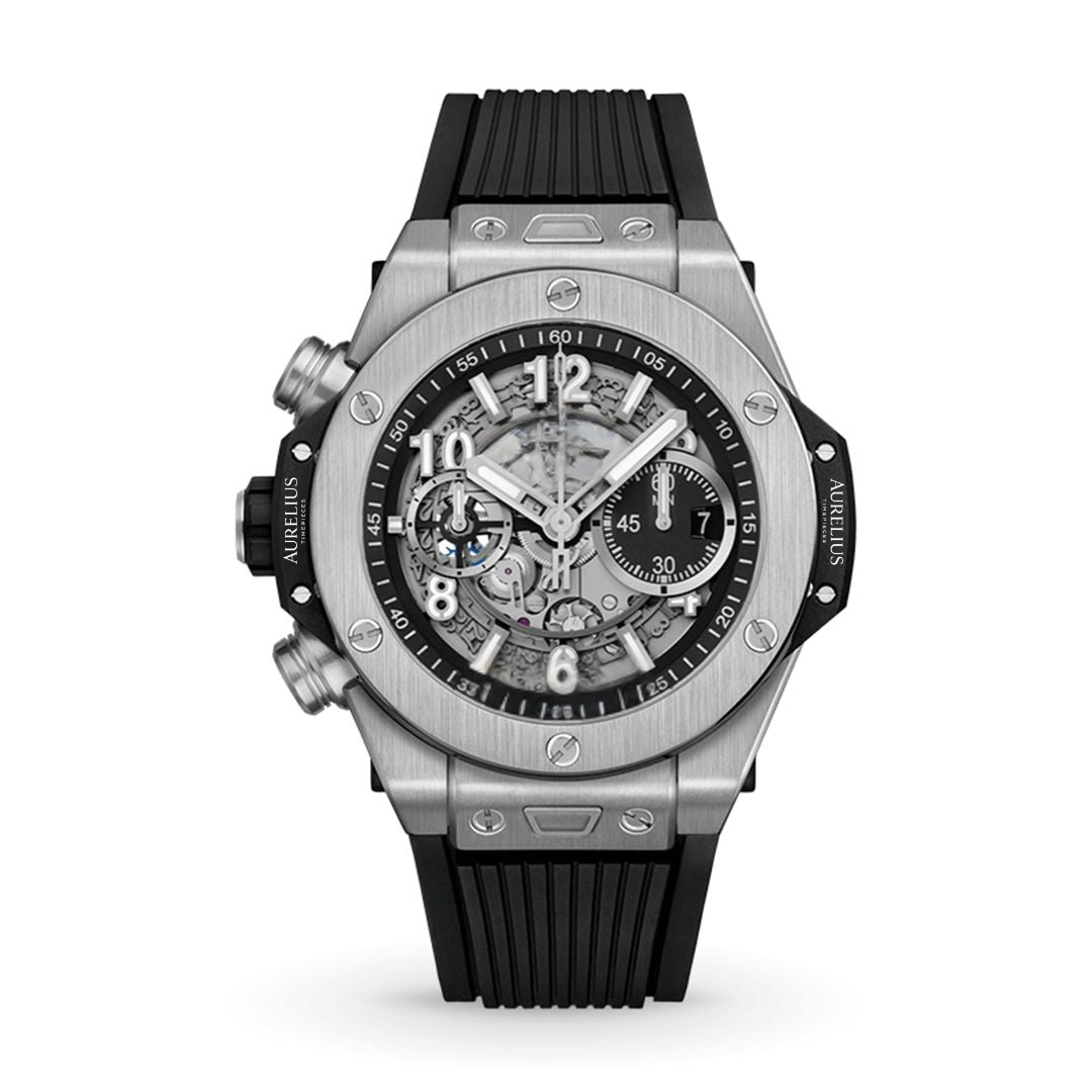 Fusion-Chronograph 44 – Schwarzes Skelett-Zifferblatt | Silbernes Gehäuse & Schwarzes Kautschukarmband