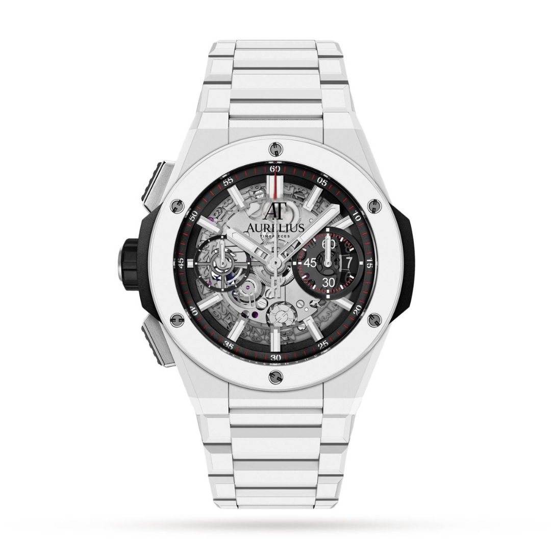 Fusion-Chronograph 42 – Schwarzes Skelett-Zifferblatt | Weißes Gehäuse & Schwarzes Kautschukarmband