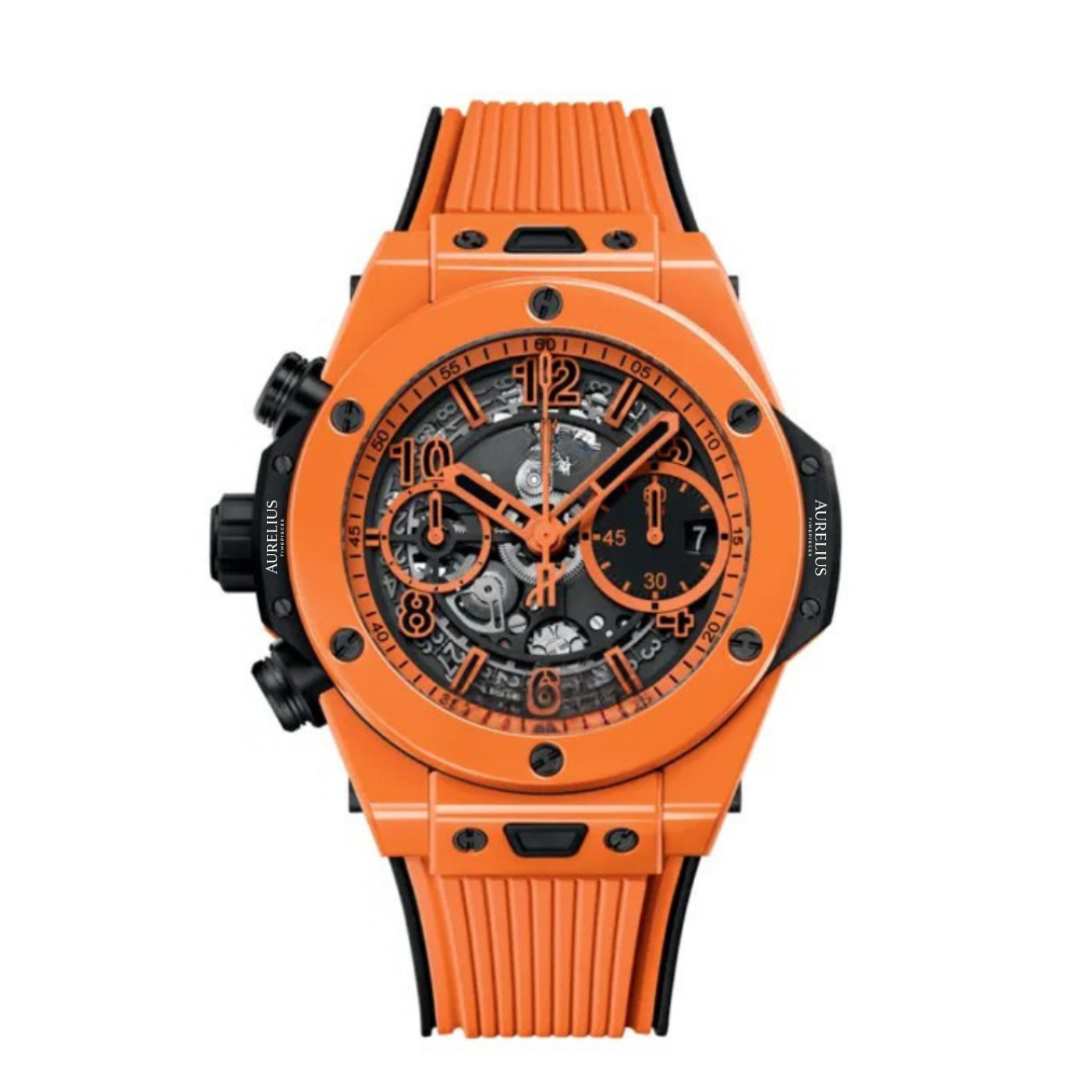 Fusion-Chronograph 42 – Schwarzes Skelett-Zifferblatt | Oranges Keramikgehäuse & Schwarzes Kautschukarmband
