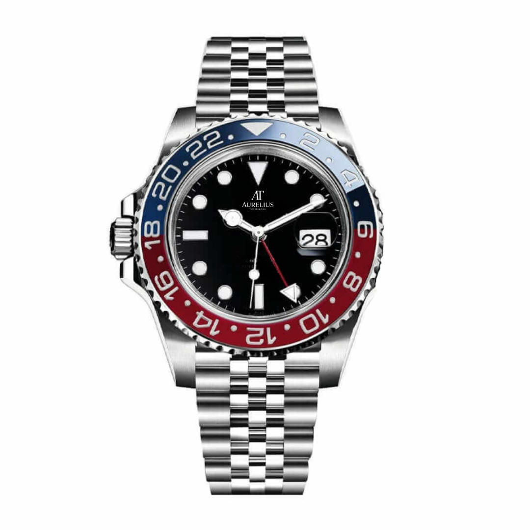 GMT-Reiseuhr 40 – Schwarzes Zifferblatt | Edelstahl-Jubilee-Armband & Rot-Blaue Keramiklünette