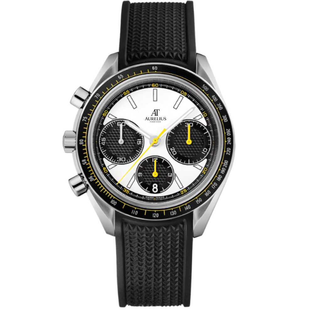 Racing-Chronograph 42 – Weißes Zifferblatt Mit Schwarzen Hilfszifferblättern | Edelstahlgehäuse & Schwarzes Kautschukarmband & Schwarz-Gelbe Tachymeterlünette